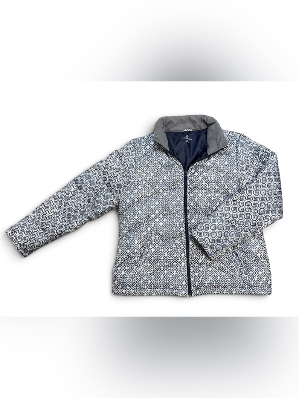 Lands' End Women's Navy & White Geometric Quilted Puffer Jacket size large